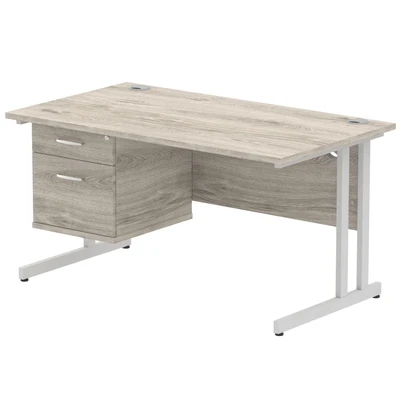 Image of Impulse 1400x800 Desk Grey Oak Silver Cantilever Leg + Fixed Pedestal