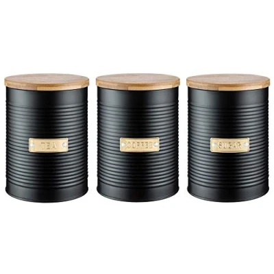 Image of Typhoon Otto Tea, Coffee and Sugar Storage Canister with Bamboo Lid, Set of 3, Black, 1 Litre