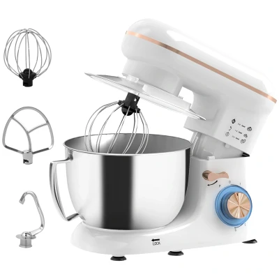 Image of HOMCOM Stand Mixer, 4.5L Food Mixer for Baking, 6 Speeds and Pulse Setting, 1300W Cake Electric Kitchen with Dough Hook, Whisk, Stainless Steel Bowl, Splash Guard, Beater, White