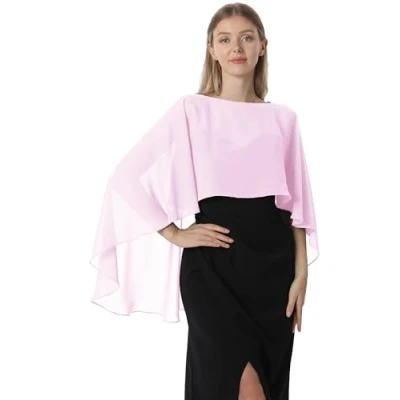 Image of Hotshawl Capelets for women Chiffon Cape Shawls and Wraps Evening Dress Wedding Capes Cover Up, Pink, One Size