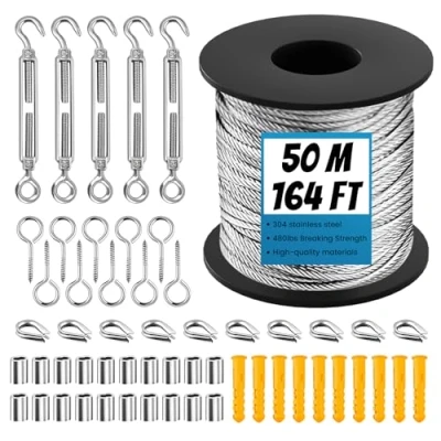 Image of 50M Garden Wire Stainless Steel Rope Kit, Picture Catenary Metal for Climbing Plants, M5 Turnbuckle Tensioner Fence Roll Kit,Cable Railing Kit