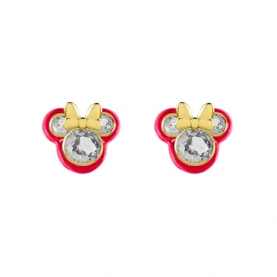 Image of Disney 100 Minnie Mouse Silver &amp; Yellow Gold Plated Cubic Zirconia Pink Enamel Studs