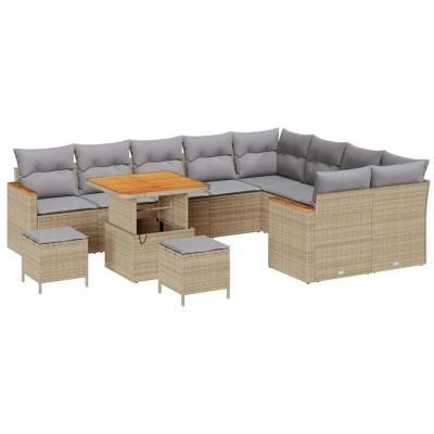 Image of 12 Piece Garden Sofa Set with Cushions Beige Poly Rattan Acacia Vidaxl