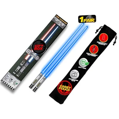 Image of Lightsaber Chopsticks Light UP Star Wars LED Glowing Saber Chop Sticks Reusable Sushi Lightup Sabers Removable Handle Dishwasher Safe Premium Gift Box &amp; Carry CASE Included Blue 1 Pair