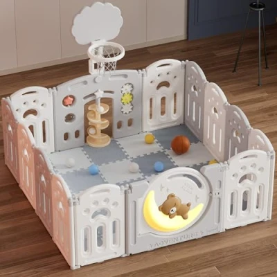 Image of Adventure Bear Baby Playpen for and Toddlers Foldable Kids Play Pen Babies Includes Mats, Activity Panel, Basketball Hoop &amp; Balls (White/Grey)