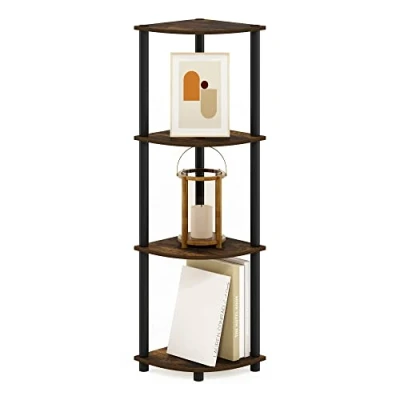 Image of Furinno Turn N Tube 4 Tier Corner Display Rack Multipurpose Shelving Unit, Amber Pine/Black