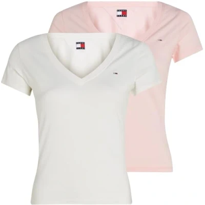 Image of Tommy Jeans V NECK TEE 2 PACK Basic Tshirt, Women&#039;s, Size: 4, Ecru/precious pink