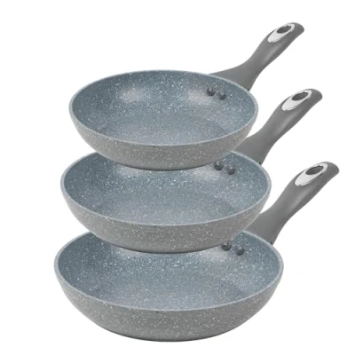 Image of Salter COMBO 6441 3 Piece Non Stick Frying Pan Set, 20/24/28cm, Bakelite Handle, Marble Collection, Induction Hob Suitable, PFOA Free, Use Little, Forged Aluminium, Grey