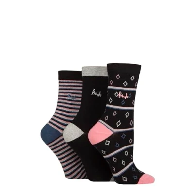 Image of Women&#039;s 3 Pair Pringle Christmas Patterned Cotton Socks with Gift Tag Black Diamond / Stripe 4 8