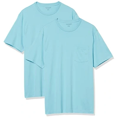 Image of Amazon Essentials Men&#039;s T Shirt Regular Fit Short Sleeve Crewneck Pocket, Pack of 2, Light Blue, XS