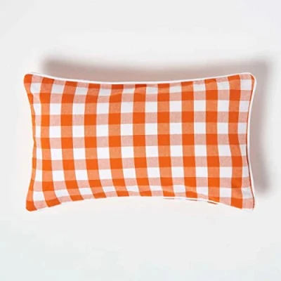 Image of HOMESCAPES Orange and White Gingham Cushion Cover 30 x 50 cm (12 20) Block Check Pattern 100% Cotton Decorative Rectangular