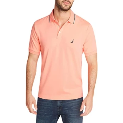 Image of Nautica Men&#039;s Classic Fit Short Sleeve Dual Tipped Collar Polo Shirt, Pale Coral, Medium