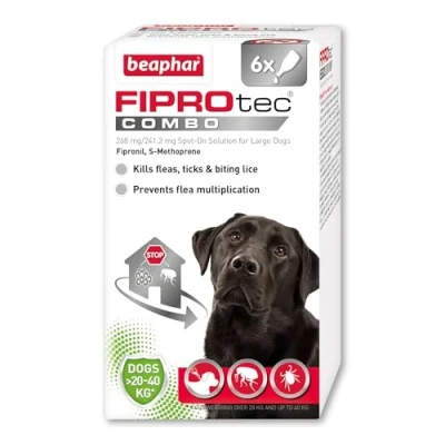 Image of Beaphar FIPROtec® COMBO for Large Dogs (20 40kg) Kills Fleas, Flea Eggs &amp; Ticks Stops Fleas Multiplying on Pet and in Home Vet Strength Treatment 6 Pipettes