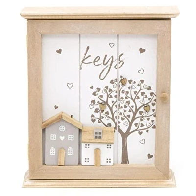 Image of Shabby Chic Wooden Wall Mounted Key Box Cabinet 6 Hooks Cupboard Magnetic Holder