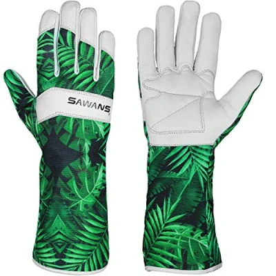 Image of Leather Gardening Gloves Ladies Men/Women Short &amp; Long Forearm Protection Thorn Proof Breathable Spandex Goatskin Rose Pruning Garden Safety Work Gloves, Best Gifts (Large, Gloves)