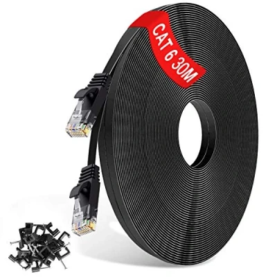 Image of TBMax 30m Ethernet Cable Long, Cat6 Flat Cables RJ45 High Speed 1000Mbps Gigabit Lan Network UTP Internet Compatible with Cat5/Cat5e, for Xbox, PS4,Smart TV, Black