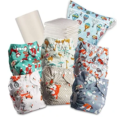 Image of Littles and Bloomz Baby Reusable Pocket Nappy Cloth Diaper, Standard Popper, 6 Nappies + Inserts, 1 Disposable Bamboo Liner, Wet Bag, 618PM6
