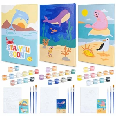 Image of BONNYCO Paint by Numbers for Children Ocean, Pack 3 Canvases Animal Gifts Kids, Craft Kits Girls Boys Toys Painting Children, Sea Animals