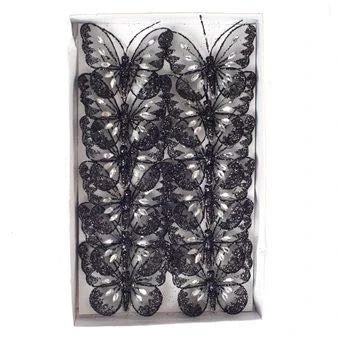 Image of Mesh Glittered Clip On Butterflies 8cm, Black, Tray of 12