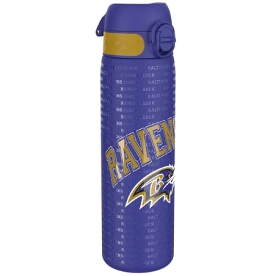 Image of ION8 Steel Water Bottle, 600 ml/20 oz, Leak Proof, Easy to Open, Secure Lock, Dishwasher Safe, Flip Cover, Fits Cup Holders, Carry Handle, Durable, Metal Raised Print, NFL Ravens Design