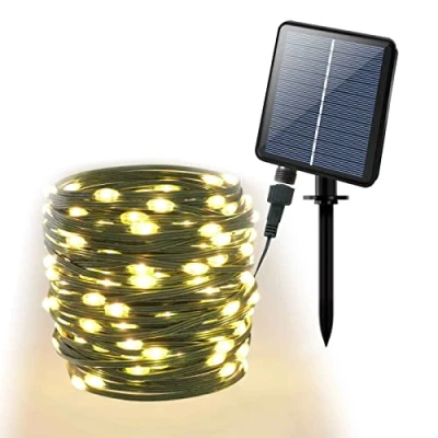 Image of Qbis Solar Christmas Lights, 200 Warm White LED String Lights Outdoor use on Green Wire, 20M/65ft, Multifunction, Fairy Tree (200 LEDs (20m) Solar)