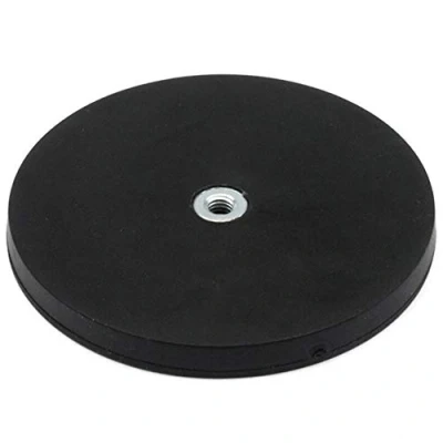 Image of Rubber Coated POS Magnets Countersunk with M6 Boss Thread for Retail Fixing and Holding Heavy Objects Flush x 6mm deep 88mm dia 8mm high 42kg Pull