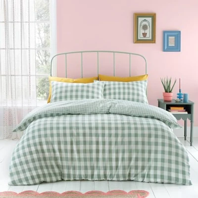 Image of Catherine Lansfield Seersucker Gingham Check Single Duvet Cover Set Green