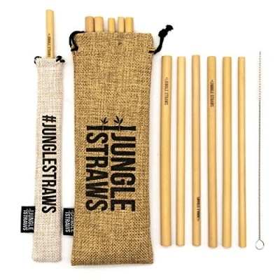 Image of Jungle Straws® Reusable Bamboo Straws Eco Friendly Natural Drinking Straw Set of 12, Cleaning Brush, Travel Pouch &amp; Storage Bag Organic Biodegradable Wooden 100% Zero Waste Plastic Free