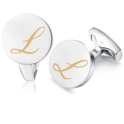 Image of HONEY BEAR Initial Alphabet Letter Cufflinks for Men, Silver Round Shape Wedding Business Gifts A Z (L)