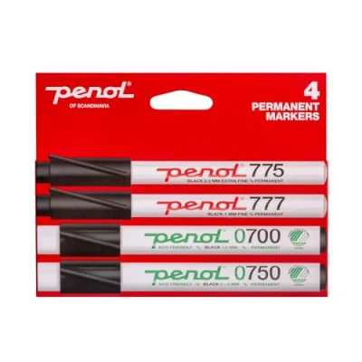Image of PENOL Permanent Marker Pens, 4 Pens Black Color 0700, 0750, 777, 775 Multiple Tips with Nordic Swan Ecolabel, Quick Dry and Fade Resistant Ink Based on Alcohol