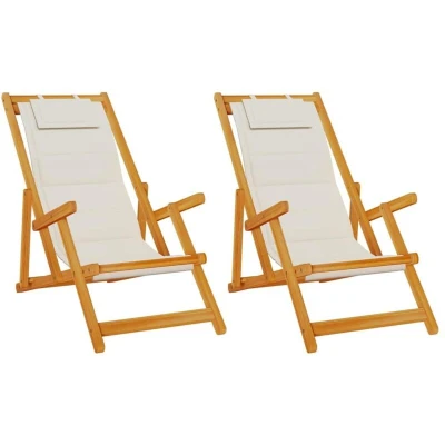 Image of vidaXL 2 Pack of Folding Beach Chairs Light Grey, Acacia Wood &amp; Textilene