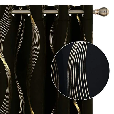 Image of Deconovo Blackout Eyelet Curtains Thermal Insulated Gold Wave Line Foil Printed for Bedroom 46x54 Inch Black 2 Panels