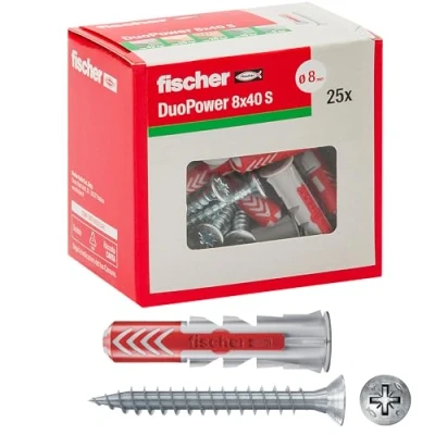 Image of Fischer 544017 25 Duopower Dowels with Screw, 8 x 40 mm, for Full Wall, Perforated Brick, Plasterboard, Grey, Set of Pieces