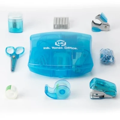 Image of LD Products Blue Mini Office Supply Kit Portable Case with Scissors, Paper Clips, Tape Dispenser Set, Pencil Sharpener, Stapler Staples and Staple Remover