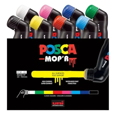 Image of POSCA MOP’R PCM 22 Water Based Permanent Paint Markers. Round Tip for Art &amp; Crafts. Multi Surface Use On Wood Metal Paper Canvas Cardboard Glass Fabric Ceramic Rock Stone Pebble Porcelain. Box of 8