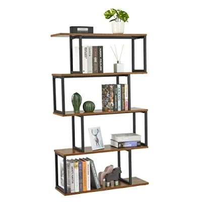 Image of Meerveil Bookcase, 5 Tier S Shaped Bookshelf, Storage Shelving Unit, Industrial Display Shelf for Living Room, Bedroom, Home Office, Plant, 76 x 24 127.5 cm, Rustic Brown