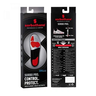 Image of Sorbothane Sorbo Pro Insoles, 41 (UK 7), Shock Absorbing Shoe Soles for Football Boots, Running, or Walking, Pronation Control Footbeds Plantar Fasciitis, Heel Support, and Arch Pain