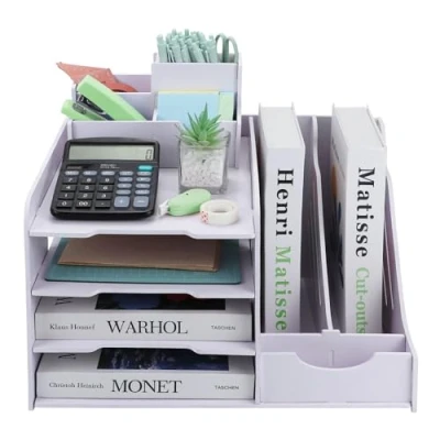 Image of IOUGDSEC Desk Organizer with Letter Tray, 4 Tier Paper Tray File Rack Holder ＆ Pen Holder, A4 Tidy Magazine Mail Document For Office Home School