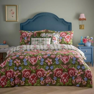 Image of furn. Feeoni Cottage Floral Duvet Cover Set Green Polycotton Size King