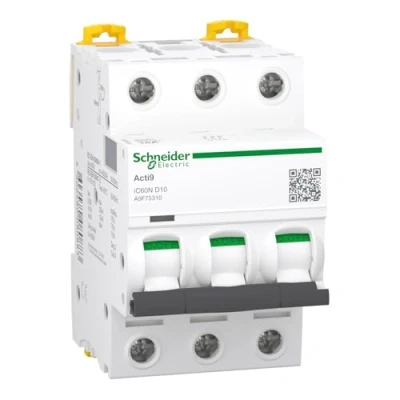 Image of Schneider Electric a9 F75310 ic60 N Circuit Breaker, Acti9, Curvature D, 3P, 85 mm Height x 54 Width 78.5 depth, 10 A Current, 50/60 Hz, White