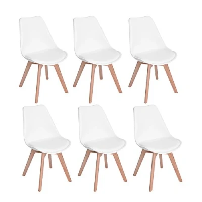 Image of H.J WeDoo Padded Dining Chairs Set Of 6, White Kitchen with Cushions and 4 Wooden Legs Accent for Living Room Bedroom Occasional Chair Dressing Table