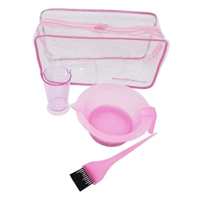 Image of Professional Hairdresser&#039;s 4 Piece Pink hair dye and Tinting Set Bowl, Tint Brush &amp; Measuring Jug, ideal for bleach or colour application.