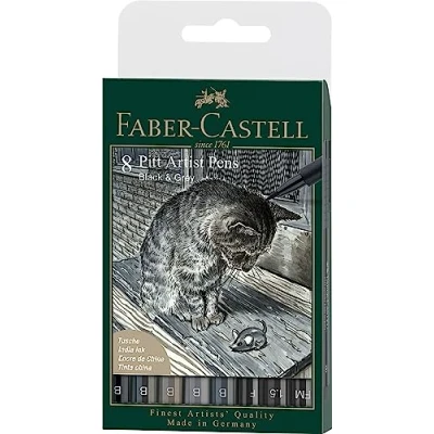 Image of Faber Castell Art &amp; Graphic Pitt Artist Pen Brush India Ink Pen, Black Grey, Wallet Of 8, For Art, Craft, Drawing, Sketching, Home, School, University, Colouring