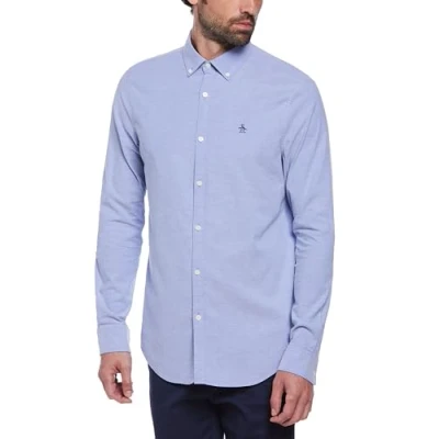 Image of Original Penguin Men&#039;s EcoVero™ Oxford Stretch Shirt Long Sleeve 100% Cotton Amparo Blue