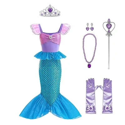 Image of Lito Angels Little Mermaid Princess Fancy Dress Up Costume Birthday Party Outfit with Accessories for Kids Girls Age 7 8 Years, Purple Blue (Tag Number 140)