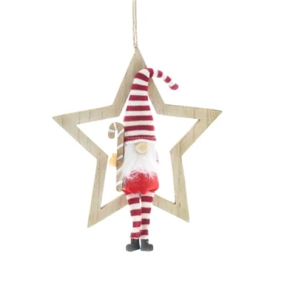 Image of Festive Productions Christmas Wooden Star with Hanging Gonk Decoration 29cm Xmas Tree Decor