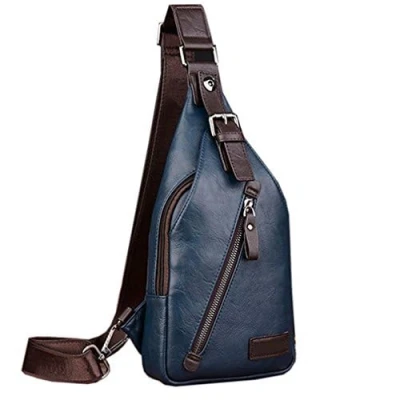 Image of Leather Sling Bag Crossbody Backpack Daypack for Men Women Outdoor Travel Camping Fishing Hunting Hiking Shoulder Chest Pack Blue