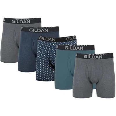 Image of Gildan Men&#039;s Cotton Stretch Boxer Brief, Multipack, HTHR Dark Grey/HTHR Navy/Shapes/Blue (5 Pack, Regular Leg), XL (Pack of 5)