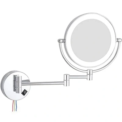 Image of YSOLDA 8 Inch Wall Mounted Lighted Makeup Mirror, Dual Sided Vanity Mirror with LED, Chrome Extendable Swivel Magnifying Cosmetic for Bathroom Shaving,Hard Wired,10X
