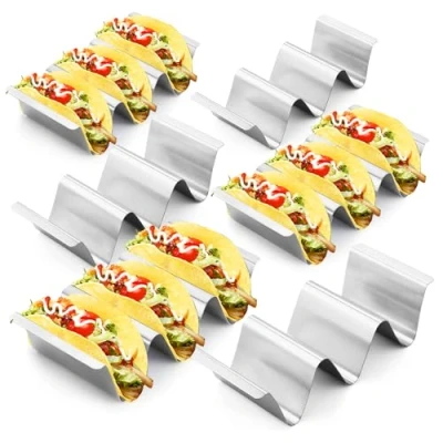 Image of Taco Holder, 6 Pack Stainless Steel Stand Tray with Handles Holds Up to 3 or 2 Tacos Each for Hot Dogs, Sandwiches and Pancakes